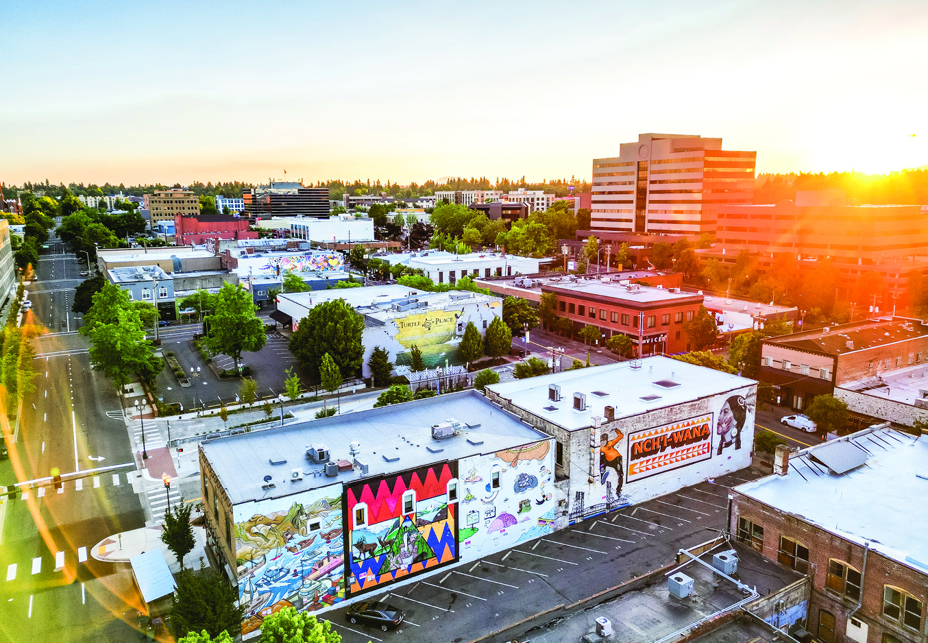 Downtown Vancouver, WA drone shot, buildings in foreground and sunset in background
